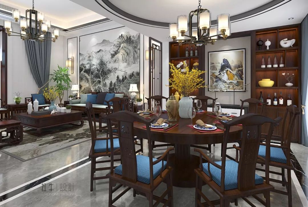 南京奧斯博恩莊園190平米現(xiàn)代中式風(fēng)格裝修 古典美學(xué)融入現(xiàn)代設(shè)計(jì)02客餐廳