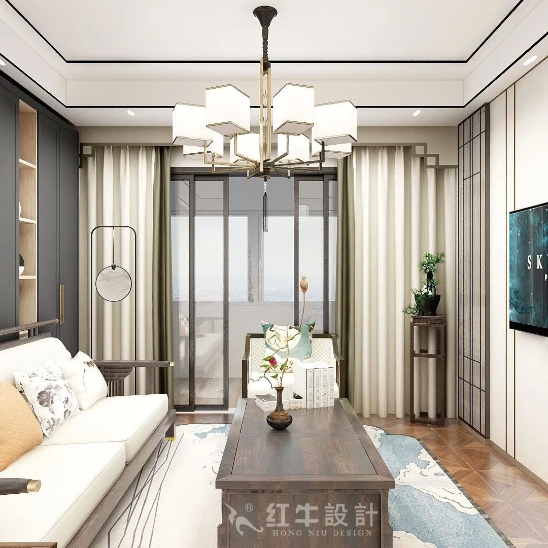 朱明琪_紅牛設(shè)計(jì)--中垠紫金官邸105㎡(C3戶型)新中式風(fēng)格05效果圖欣賞_客廳
