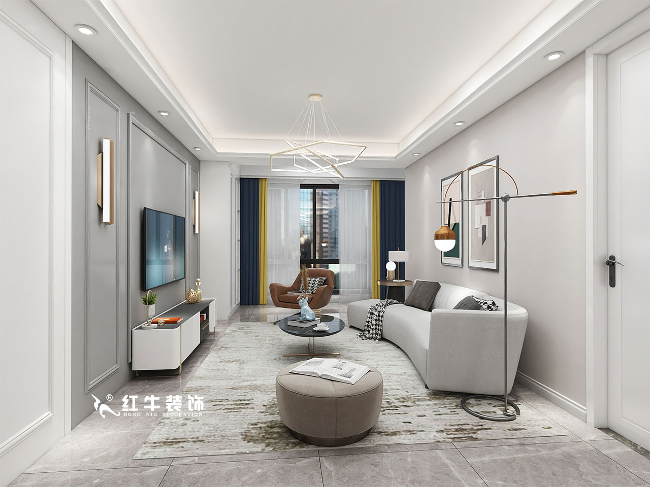 顧娟_金地都會意境118㎡現(xiàn)代風(fēng)格--弧形沙發(fā)設(shè)計，獨(dú)特有創(chuàng)意！03客廳設(shè)計_客廳