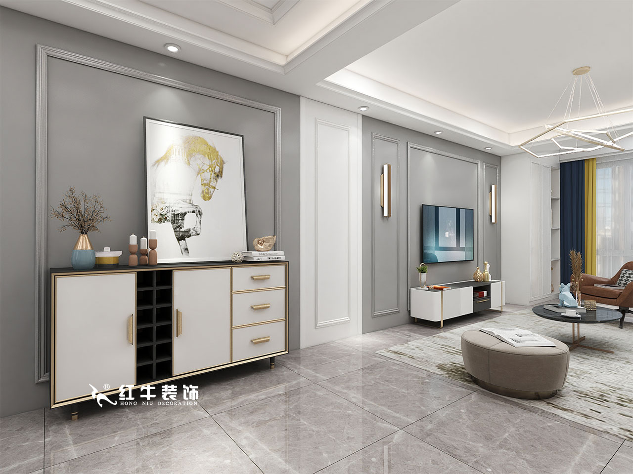 顧娟_金地都會意境118㎡現(xiàn)代風(fēng)格--弧形沙發(fā)設(shè)計，獨(dú)特有創(chuàng)意！04客廳設(shè)計_電視背景墻