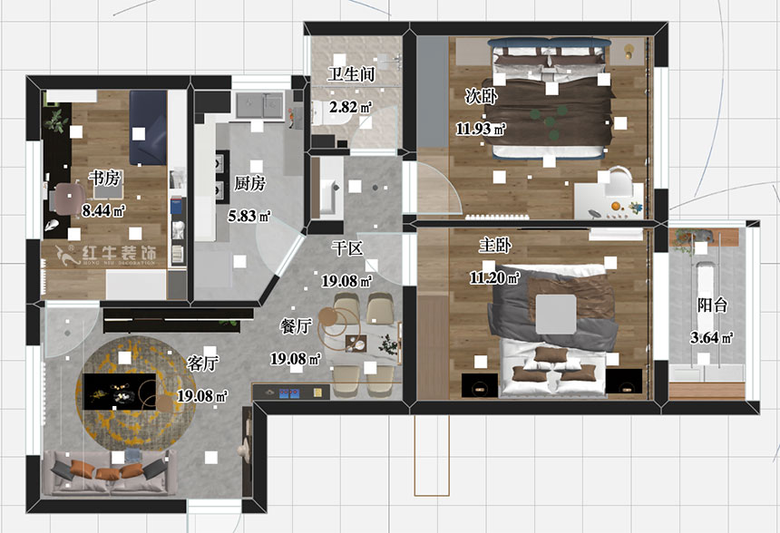 張智猿｜盛和家園南區(qū)6-1-1301-80㎡-現(xiàn)代簡(jiǎn)約風(fēng)格｜3室2廳1衛(wèi)｜老房裝修｜定制家￥106397｜全包11萬(wàn)｜00_03彩平圖