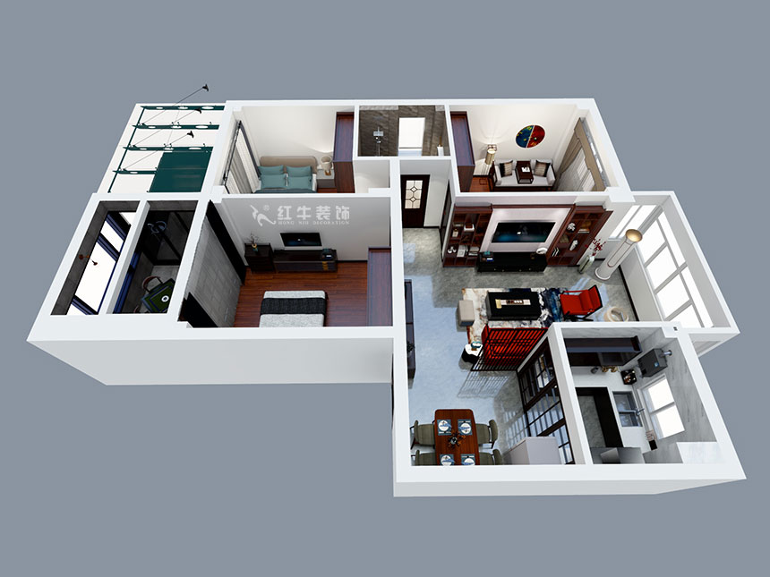 張智猿｜紅山山莊8-204-100㎡-簡(jiǎn)中風(fēng)格｜3室1廳1衛(wèi)｜老房裝修｜定制家￥153700｜全包15萬(wàn)｜00_04鳥瞰圖