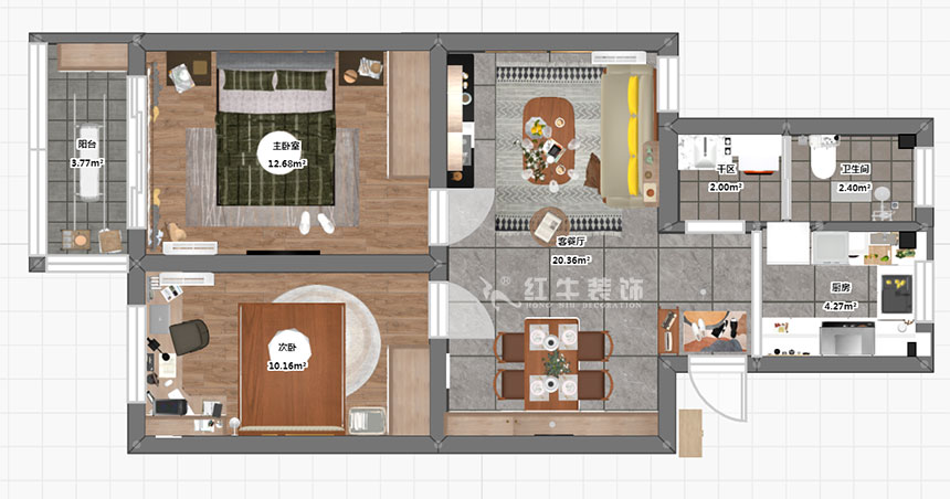 孟憲濤｜雨花村12-606-70㎡-現(xiàn)代風(fēng)格｜2室1廳1衛(wèi)｜二手房裝修｜成品家￥91000｜全包9萬｜00_03彩平圖