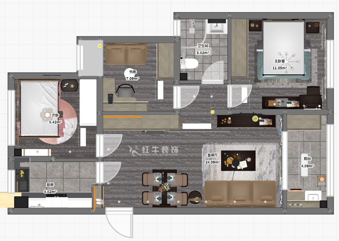 仇美蓉｜中南世紀(jì)雅苑二期1-2-2005-78㎡-簡約風(fēng)格｜3室2廳1衛(wèi)｜新房裝修｜成品家￥120306｜全包12萬｜00_03彩平圖