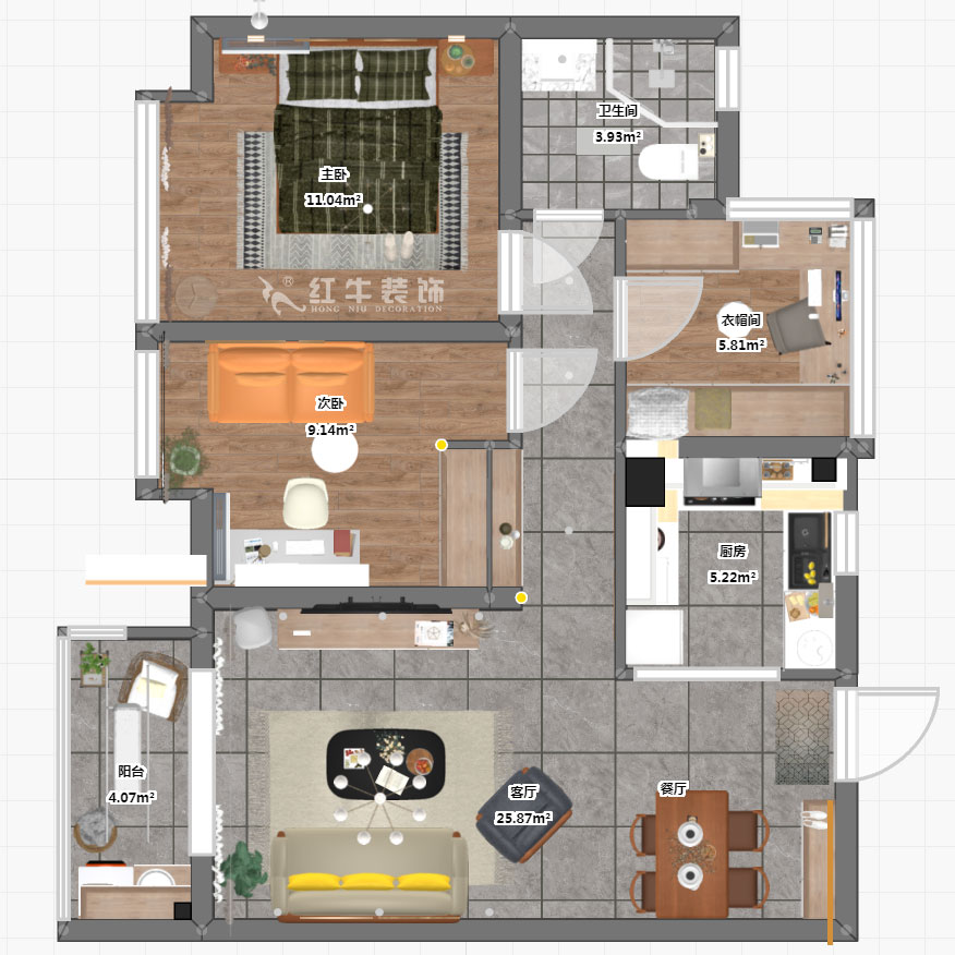 孟憲濤｜華潤幸福里10-2203-88㎡-簡約風格｜3室1廳1衛(wèi)｜新房裝修｜定制家￥118229｜全包12萬｜00_03彩平圖