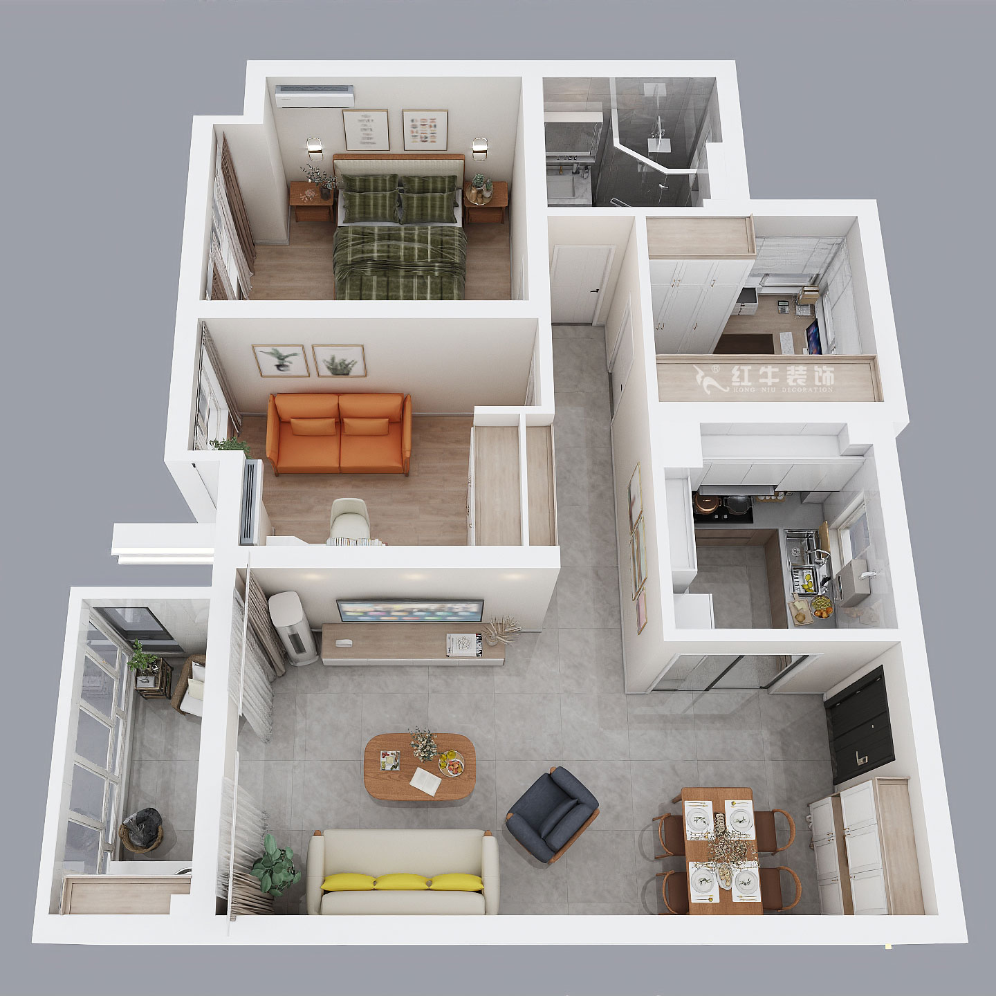 孟憲濤｜華潤幸福里10-2203-88㎡-簡約風格｜3室1廳1衛(wèi)｜新房裝修｜定制家￥118229｜全包12萬｜00_04鳥瞰圖