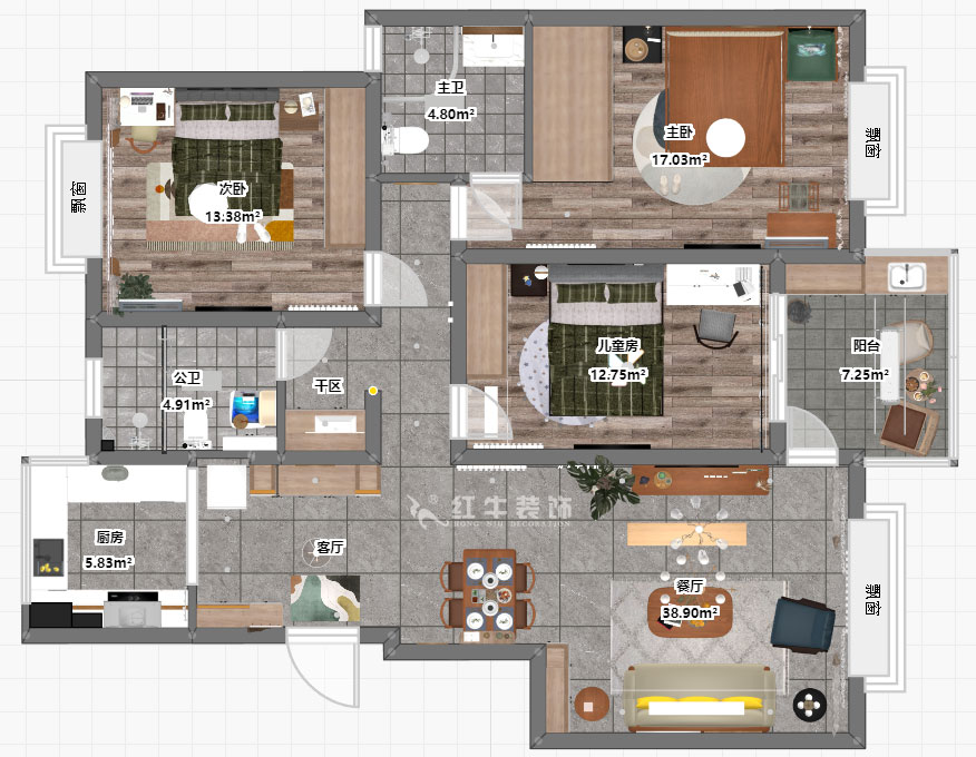 魏明花｜水秀花園15-701-128㎡-現(xiàn)代簡約風格｜3室2廳2衛(wèi)｜二手房裝修｜定制家￥176904｜全包17