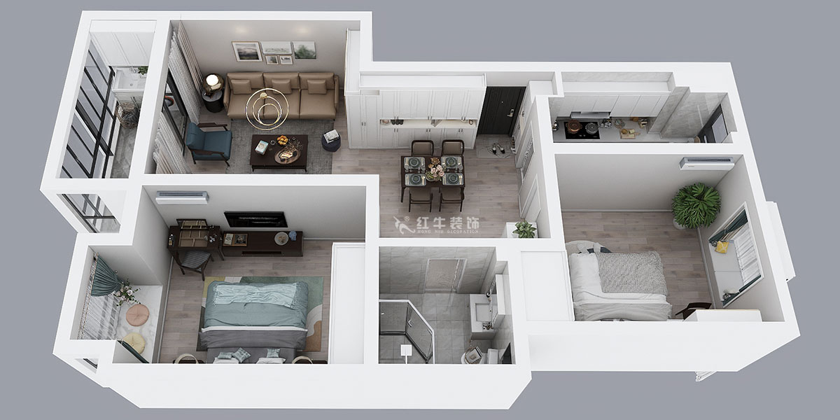 蔣?。鸹涑?-203-90㎡-現(xiàn)代簡約風(fēng)格｜2室2廳1衛(wèi)｜舊房裝修｜定制家￥121293｜全包12萬｜00_04鳥瞰圖