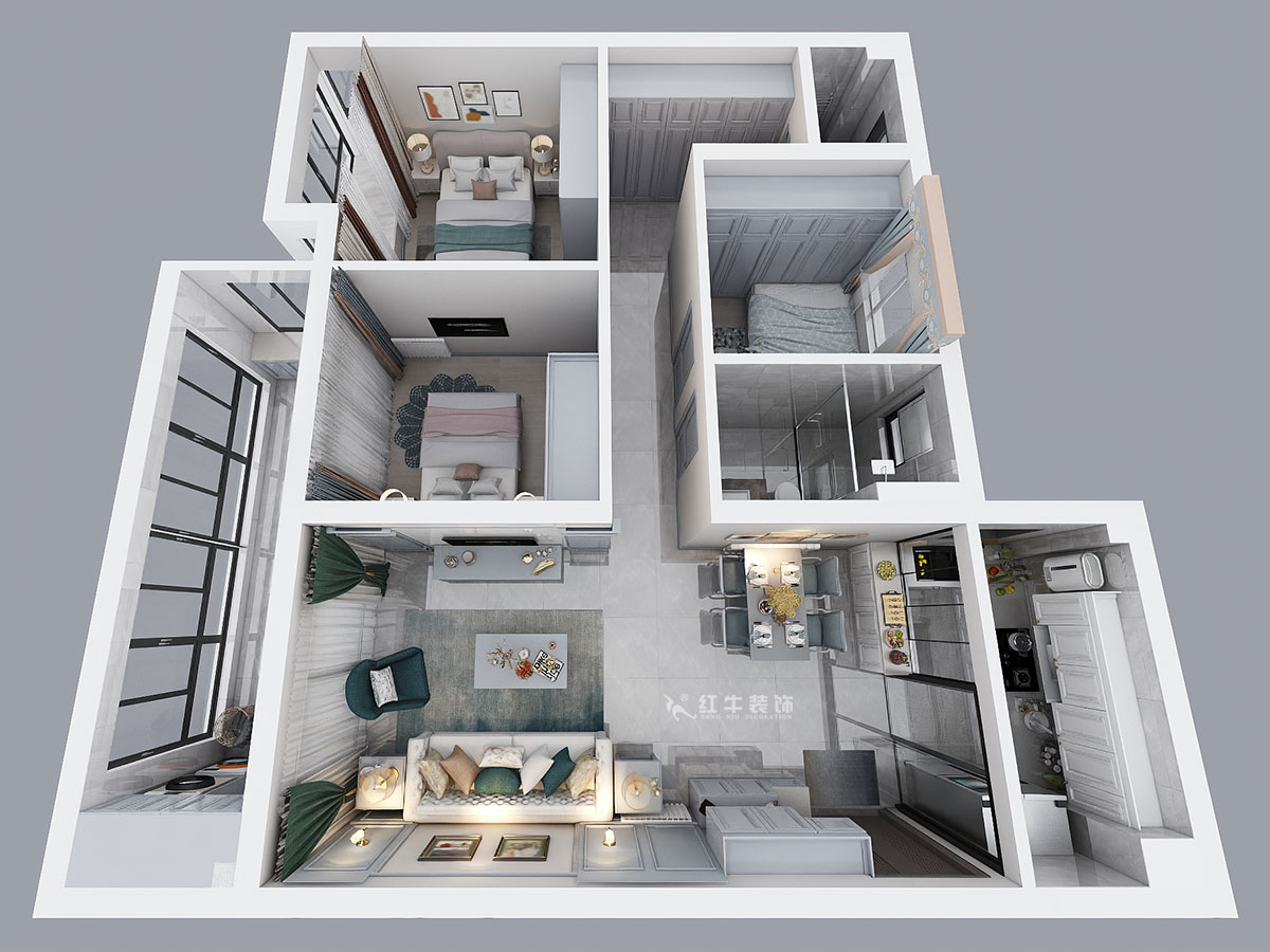 熊浩宇｜藍(lán)光·睿創(chuàng)新筑5-1004-110㎡-簡美風(fēng)格｜3室2廳2衛(wèi)｜新房裝修｜定制家￥231400｜全包20萬｜00_04鳥瞰圖