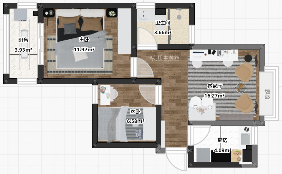 朱彥｜銀龍景苑2-3-712-66㎡-簡約風格｜2室1廳1衛(wèi)｜定制家￥87680｜全包9萬｜00_03彩平圖