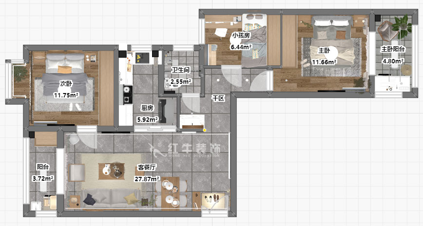 仇美蓉｜御道嘉庭1-1-801-90㎡-簡約風格｜2室2廳1衛(wèi)｜新房裝修｜定制家￥112797｜全包11萬｜00_03彩平圖