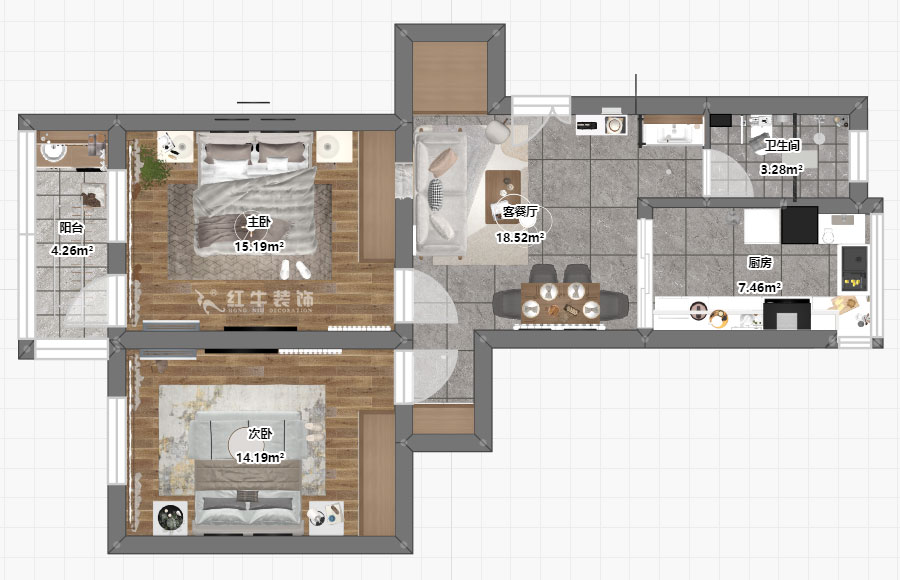 蔣?。蔡┐?1-401-80㎡-現(xiàn)代簡(jiǎn)約風(fēng)格｜2室1廳1衛(wèi)｜舊房裝修｜定制家￥126767｜全包12萬(wàn)｜00_03平面彩圖