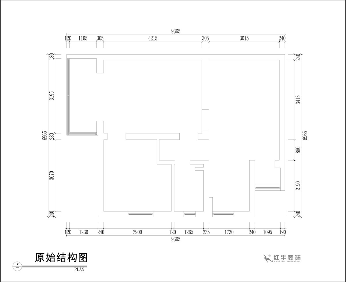 張桐瑋｜騰飛園7-104-58㎡-現(xiàn)代簡約風格｜2室1廳1衛(wèi)｜舊房改造｜定制家￥65000｜全包10萬｜00_01原始結(jié)構(gòu)圖