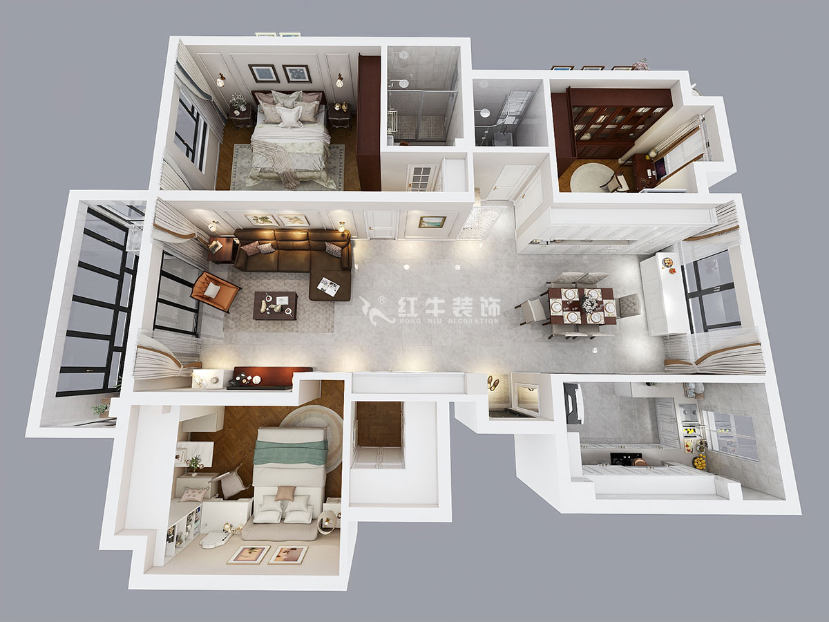 魏明花｜華府國際8-4-607-142㎡-現(xiàn)代簡約風(fēng)格｜3室2廳2衛(wèi)｜毛坯房裝修｜定制家￥210681｜全包21萬｜00_04鳥瞰圖