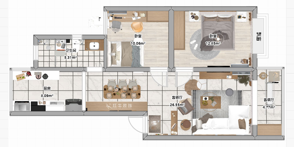 朱彥|廣廈嘉苑9-2-203-85㎡-簡約風格|2室2廳1衛(wèi)|老房翻新|定制家¥120900|全包12萬|00_03平面彩圖