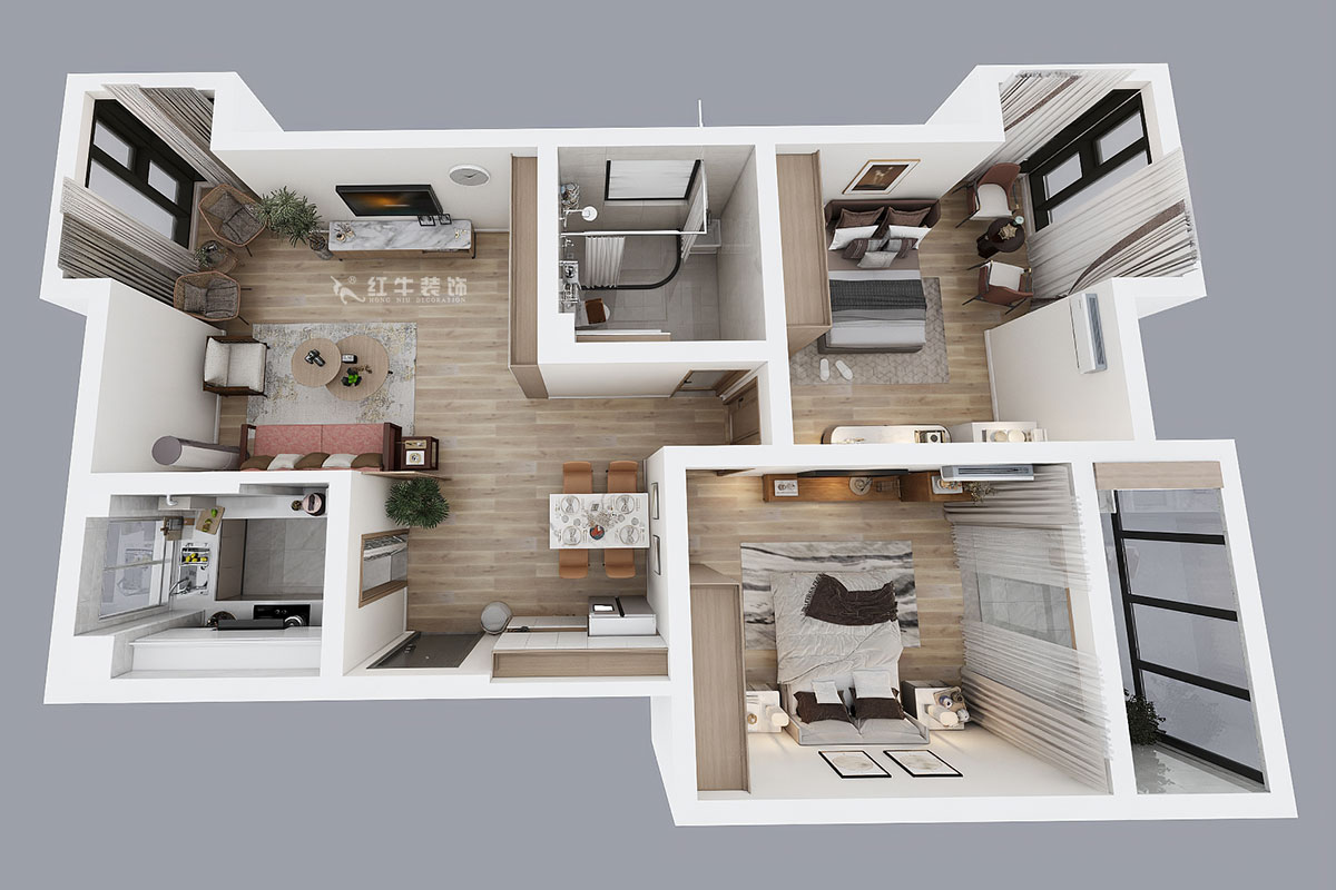 朱彥|天潤(rùn)城3街區(qū)28-1-301-95㎡-現(xiàn)代風(fēng)格|2室2廳1衛(wèi)|老房裝修|定制家¥161200|全包12萬|00_04鳥瞰圖