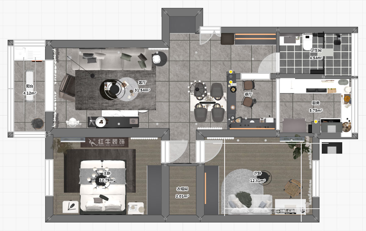 蔣?。旄@43-401-90㎡-現(xiàn)代簡約風(fēng)格｜2室1廳1衛(wèi)｜舊房裝修｜定制家￥122757｜全包12萬｜00_03平面彩圖