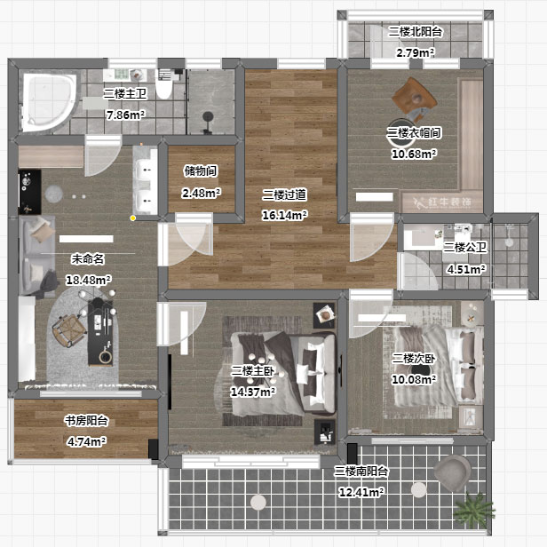 劉小勇|酈湖美墅90-102-190㎡-現(xiàn)代風格|4室2廳3衛(wèi)|新房裝修|定制家¥288000|全包33萬|00_06二樓平面彩圖