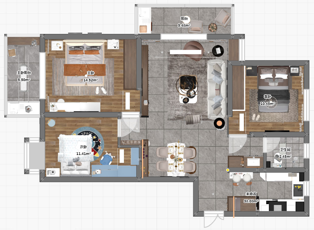 孟憲濤｜七彩星城2-2406-120㎡-簡約風(fēng)格｜3室1廳1衛(wèi)｜老房裝修｜定制家￥160000｜全包16萬｜00_03平面彩圖