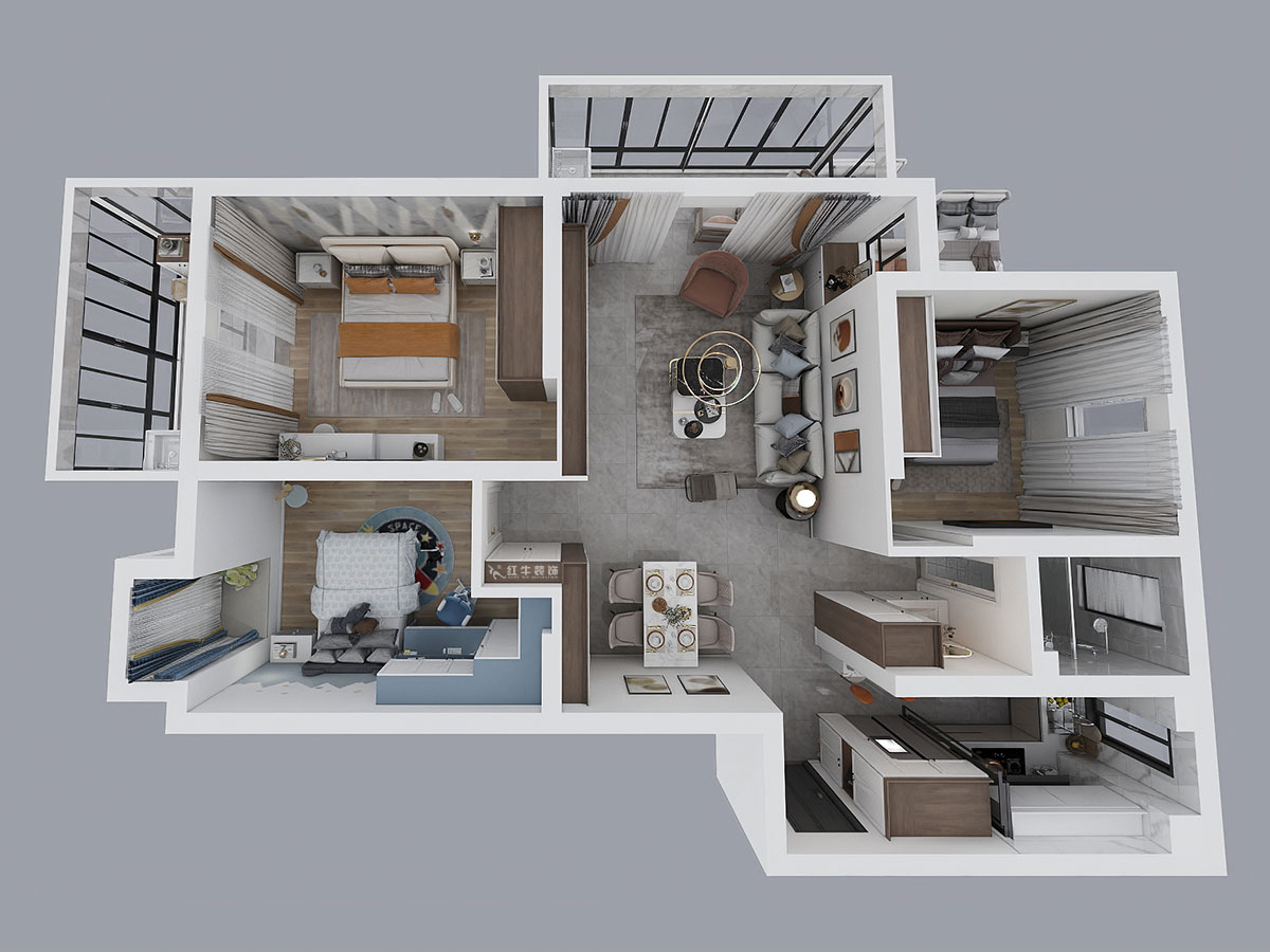 孟憲濤｜七彩星城2-2406-120㎡-簡約風(fēng)格｜3室1廳1衛(wèi)｜老房裝修｜定制家￥160000｜全包16萬｜00_04鳥瞰圖