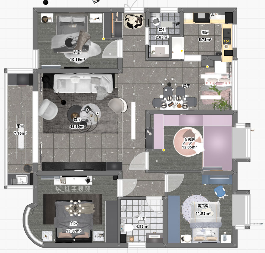 蔣琛｜明發(fā)濱江新城3期332-2501-130㎡-現(xiàn)代簡約風(fēng)格｜4室2廳2衛(wèi)｜舊房裝修｜定制家￥135120｜全包17萬｜00_03平面彩圖