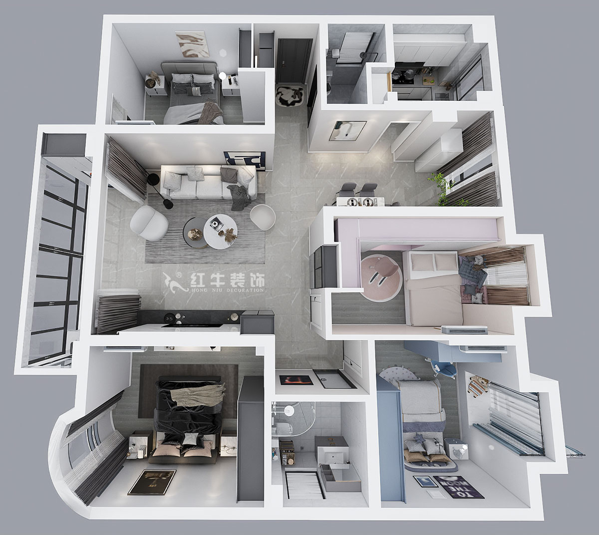 蔣?。靼l(fā)濱江新城3期332-2501-130㎡-現(xiàn)代簡約風(fēng)格｜4室2廳2衛(wèi)｜舊房裝修｜定制家￥135120｜全包17萬｜00_04鳥瞰圖