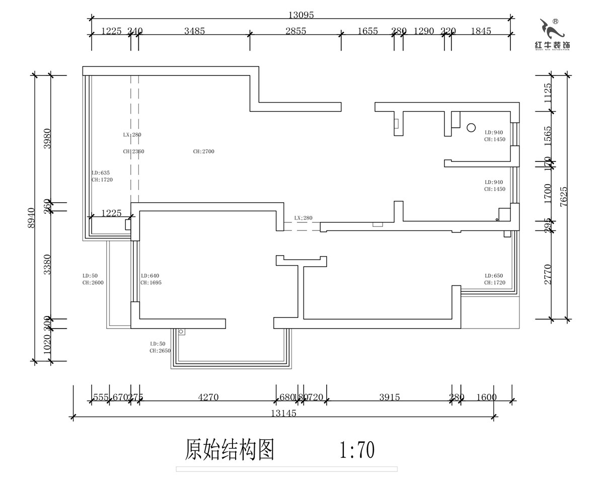 蔣?。霄沃腥A廣場11-601-110㎡-現(xiàn)代簡約風(fēng)格｜2室2廳1衛(wèi)｜舊房裝修｜定制家￥140400｜全包15萬｜00_01原始結(jié)構(gòu)圖