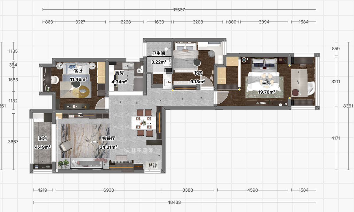顧娟|御道嘉庭6-205-107㎡-中式風格|3室2廳1衛(wèi)|新房裝修|定制家|全包14