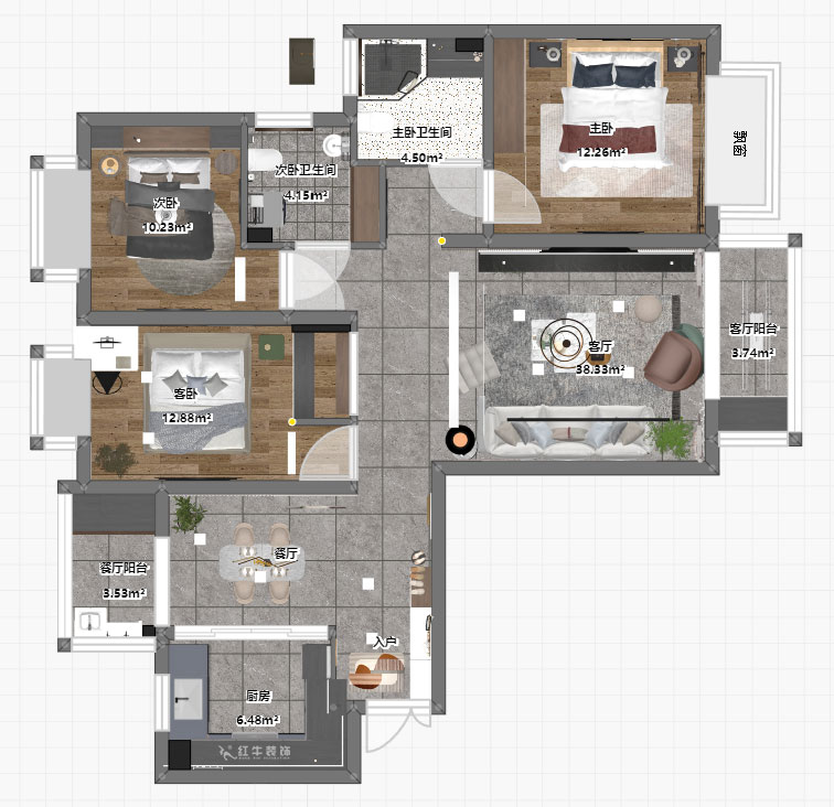 朱明琪|海德北岸17-1-1401-120㎡-簡約風(fēng)格|3室2廳2衛(wèi)|新房裝修|定制家¥185496|全包17萬|00_03平面彩圖