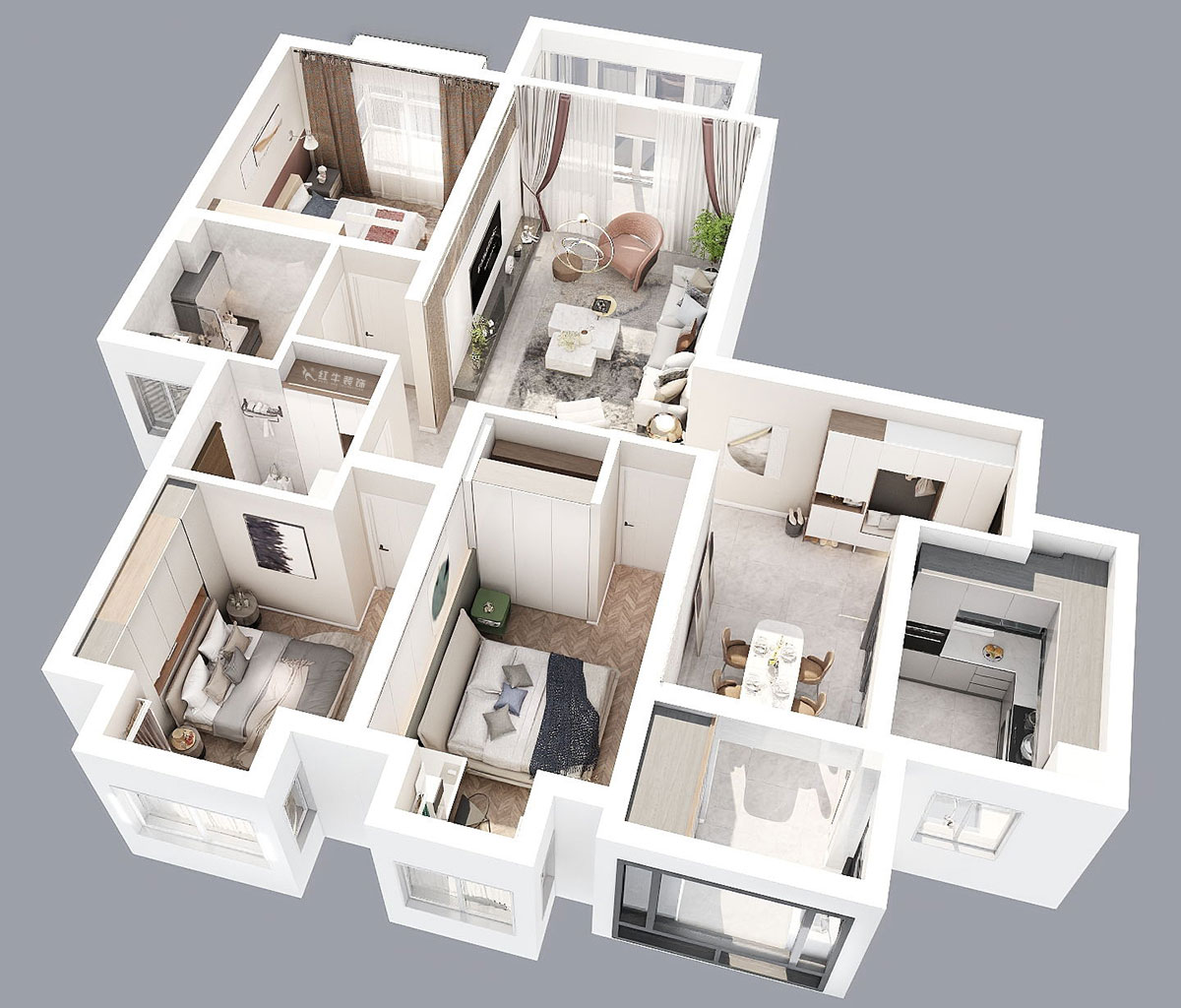 朱明琪|海德北岸17-1-1401-120㎡-簡約風(fēng)格|3室2廳2衛(wèi)|新房裝修|定制家¥185496|全包17萬|00_04鳥瞰圖