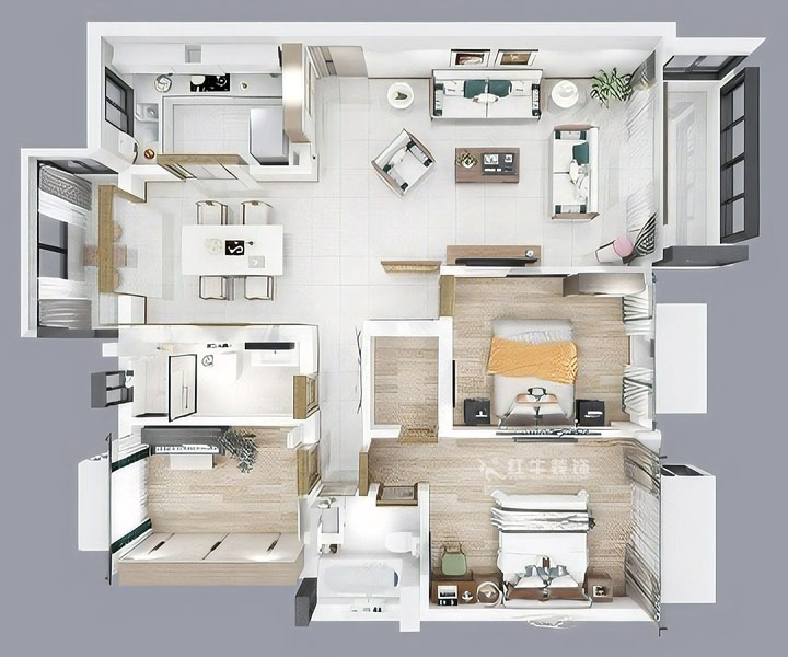 蔣?。愀窭锢瓥|苑6-302-130㎡-新中式風(fēng)格｜3室2廳2衛(wèi)｜舊房裝修｜定制家￥158973｜全包19萬｜00_04鳥瞰圖