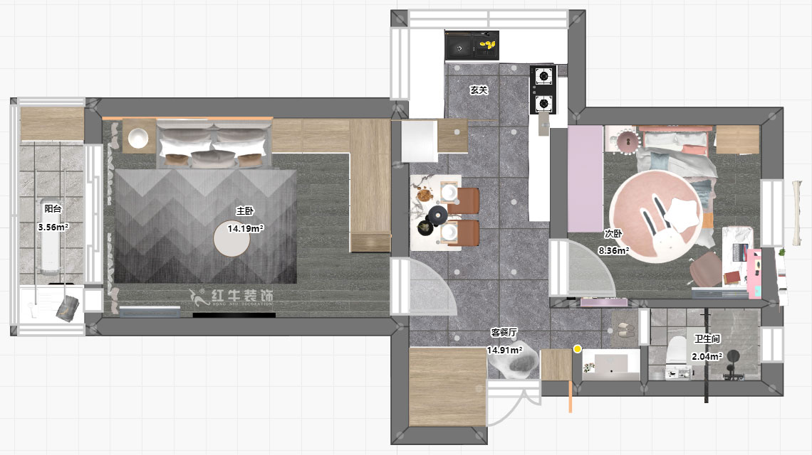 朱明琪|廳后街寧中里2-3-606-57㎡-現(xiàn)代簡約風(fēng)格|2室2廳1衛(wèi)|老房裝修|定制家¥101015|全包10萬|00_04平面彩圖