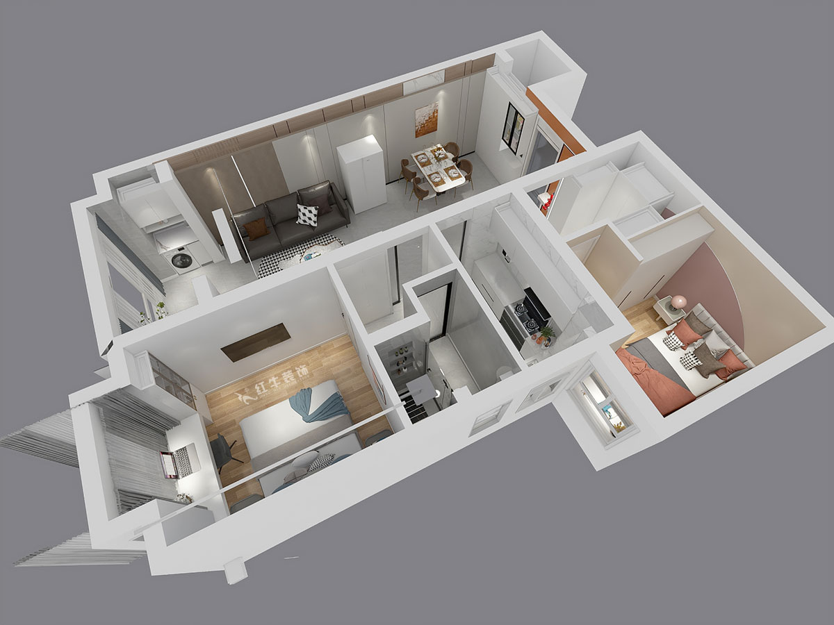 張智猿｜華山山莊4-1102-89㎡-現(xiàn)代風格｜2室2廳1衛(wèi)｜老房裝修｜定制家￥130859｜全包14萬｜00_05鳥瞰圖