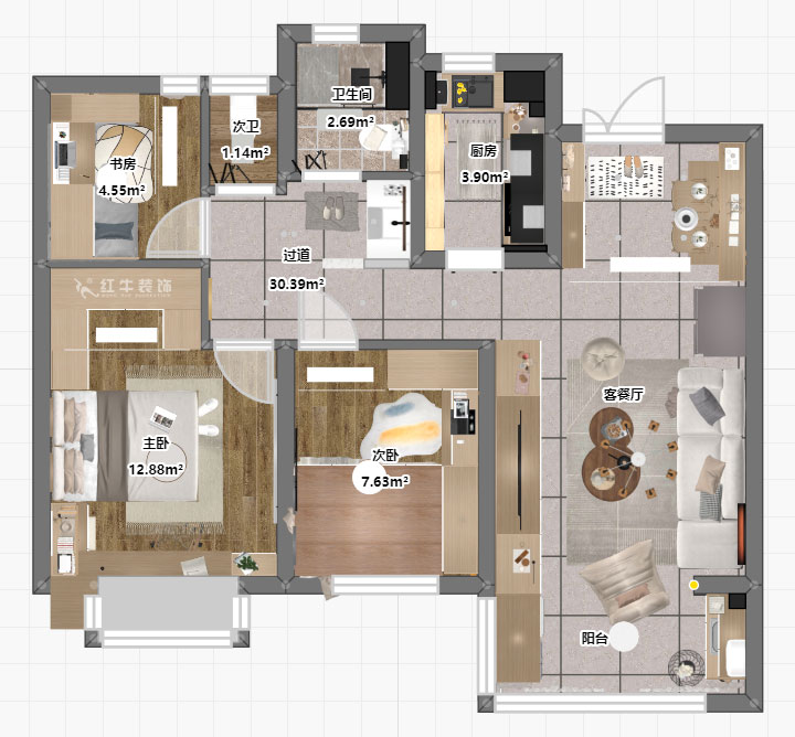 蔣?。鼕W園金基天著尚居5-1002-85㎡-現(xiàn)代簡約風(fēng)格｜3室2廳1衛(wèi)｜新房裝修｜定制家｜全包12萬｜00_04彩平面