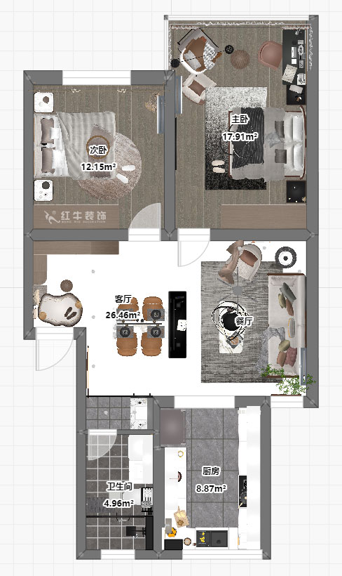 吳波｜康居新寓6-602-90㎡-現代風格｜2室2廳2衛(wèi)｜舊房裝修｜定制家｜全包12萬｜00_03平面彩圖