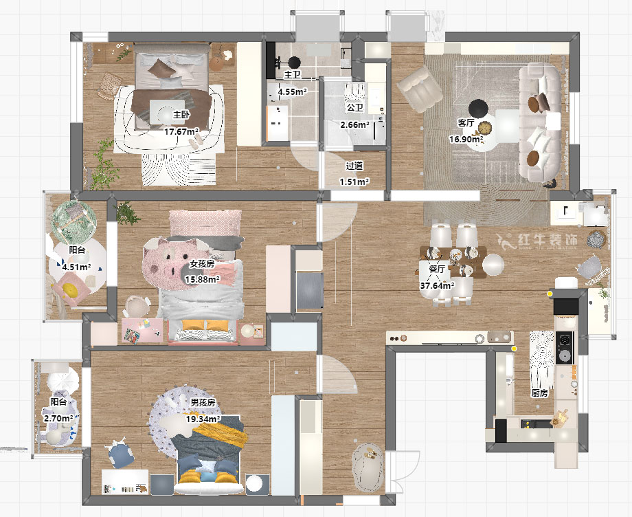 朱彥|仁恒翠竹園26-204-130㎡-簡(jiǎn)約風(fēng)格|3室2廳2衛(wèi)|老房裝修|定制家|全包20萬(wàn)|00_03平面彩圖