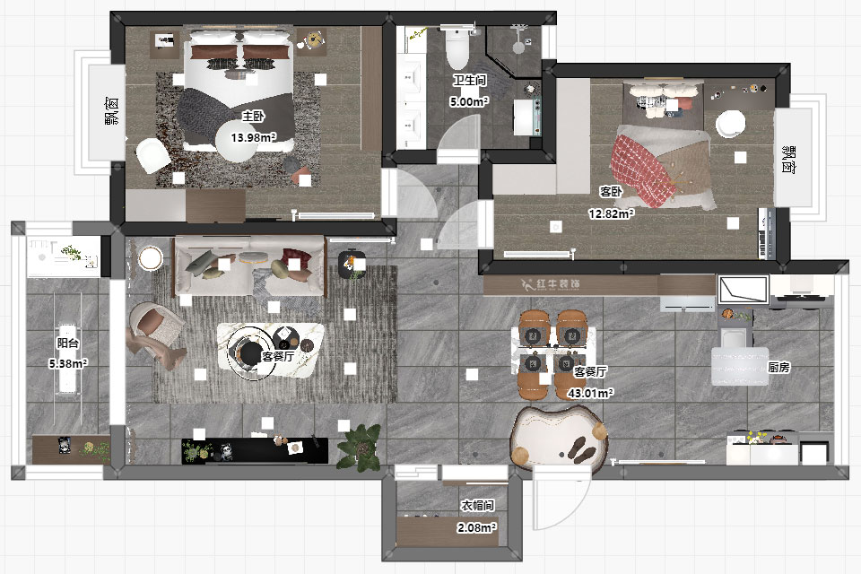 吳波｜金虹花園6-304-85㎡-現(xiàn)代風格｜2室2廳1衛(wèi)｜舊房裝修｜定制家｜全包12萬｜00_03平面彩圖