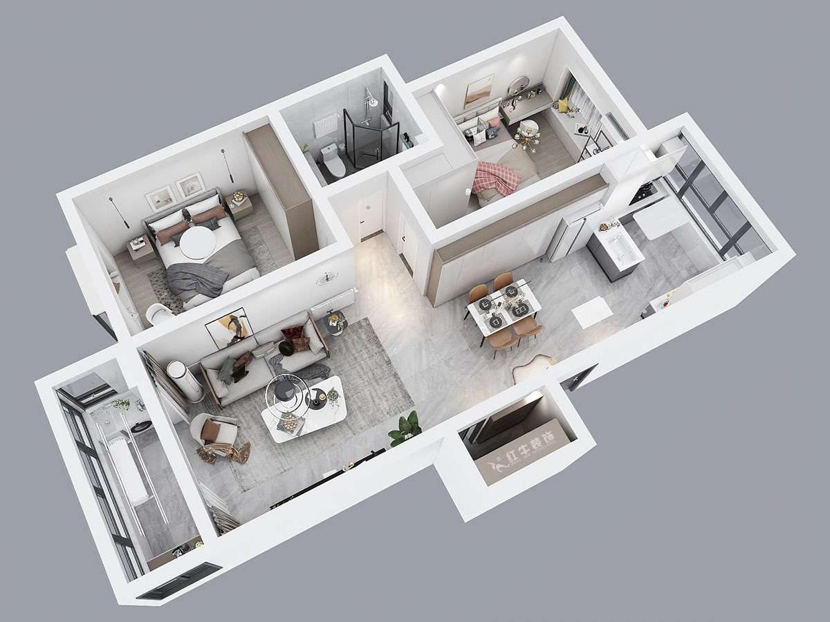 吳波｜金虹花園6-304-85㎡-現(xiàn)代風格｜2室2廳1衛(wèi)｜舊房裝修｜定制家｜全包12萬｜00_04鳥瞰圖