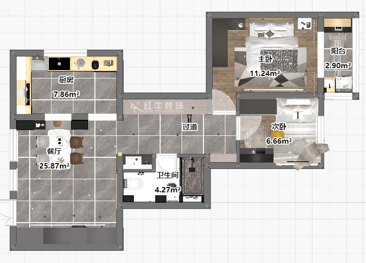 蔣?。A保新寓7-912-85㎡-簡(jiǎn)約風(fēng)格｜2室1廳1衛(wèi)｜老房裝修｜定制家｜全包12萬(wàn)｜00_03平面彩圖