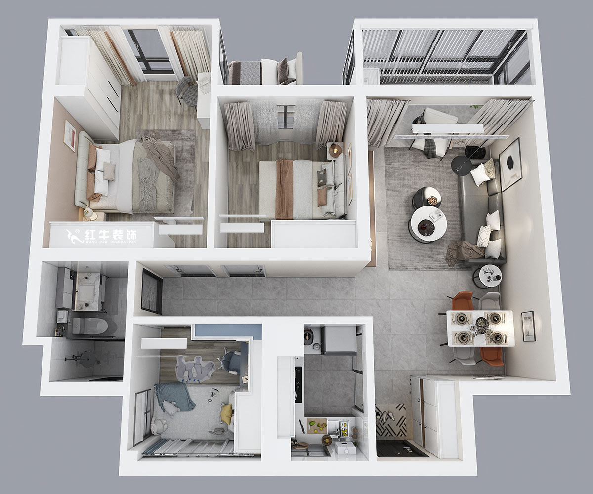 劉小勇|招商公園里1-303-88㎡-現(xiàn)代簡約風(fēng)格|3室2廳1衛(wèi)|老房裝修|定制家|全包11萬|00_04鳥瞰圖