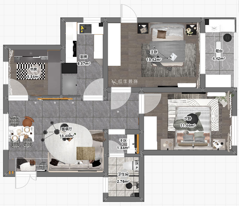 孟憲濤｜花崗幸福城玉蘭園10-201-90㎡-現(xiàn)代簡約風格｜3室1廳1衛(wèi)｜老房裝修｜定制家｜全包13萬｜00_03平面彩圖