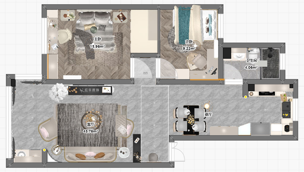 朱彥|御水灣花園17-1-302-90㎡-簡美風(fēng)格|2室2廳1衛(wèi)|老房裝修|定制家|全包12萬|00_03平面彩圖