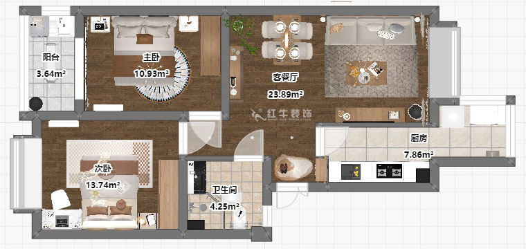 劉小勇|燕禾園10-3-1002-82㎡-現(xiàn)代簡約風(fēng)格|2室2廳1衛(wèi)|老房裝修|定制家|全包11萬|00_03平面彩圖
