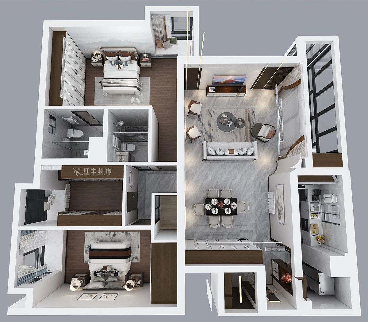 蔣?。┞°懢舾?-501-170㎡-中式風(fēng)格｜3室2廳2衛(wèi)｜舊房裝修｜定制家｜全包22萬｜00_04鳥瞰圖