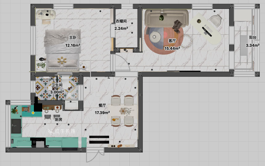 張智猿｜石鼓路39號2-201-60㎡-法式奶油風(fēng)｜2室2廳1衛(wèi)｜老房裝修｜定制家｜全包13萬｜00_04平面彩圖