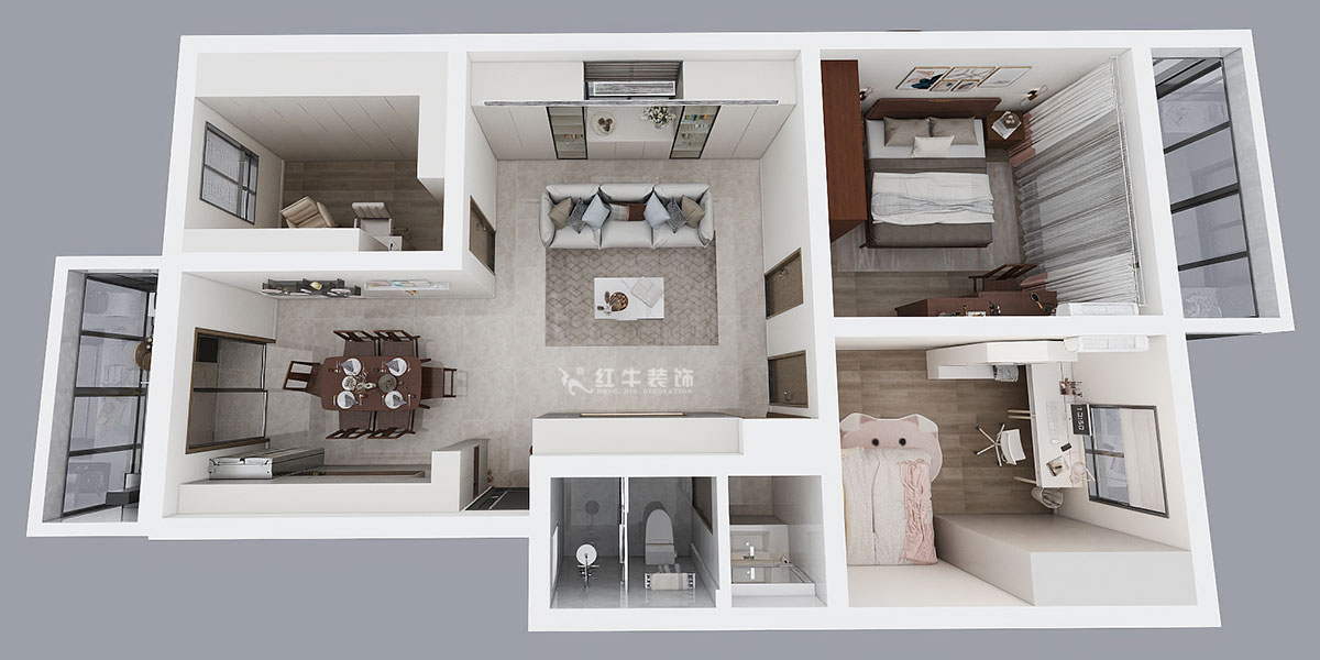 孟憲濤｜牡丹里17-601-108㎡-現(xiàn)代簡約風格｜3室2廳2衛(wèi)｜老房裝修｜定制家｜全包14萬｜00_04鳥瞰圖