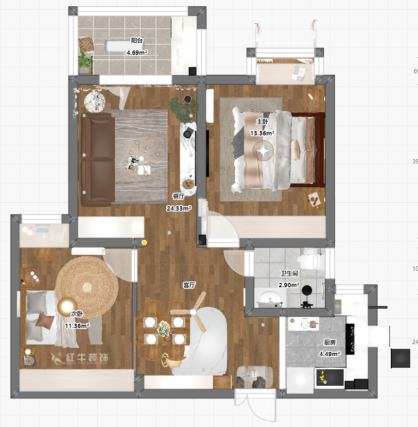 魏明花｜御道嘉庭7-3-1006-80㎡-現(xiàn)代簡約風格｜2室2廳1衛(wèi)｜毛坯房裝修｜定制家｜全包11萬｜00_03平面彩圖