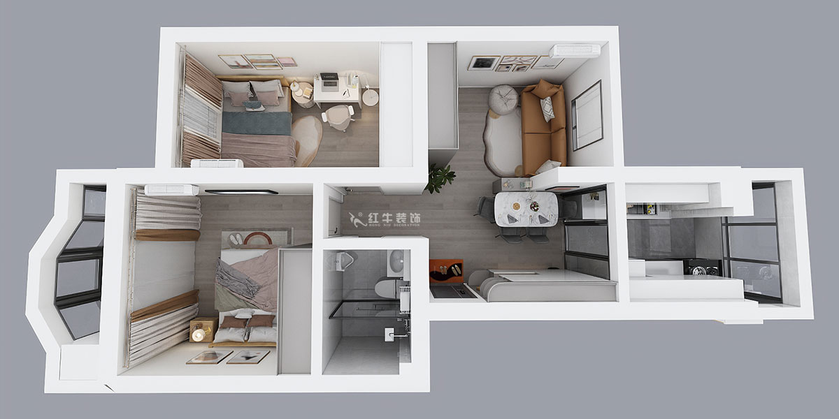 吳波｜櫻駝花園躍新園3-206-70㎡-現代風格｜2室2廳1衛(wèi)｜舊房裝修｜定制家｜全包9萬｜00_04鳥瞰圖