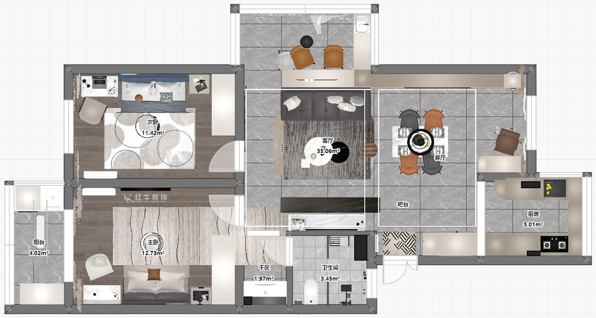 孟憲濤｜武定新村5-5-310-90㎡-現(xiàn)代簡(jiǎn)約風(fēng)格｜2室2廳1衛(wèi)｜老房裝修｜定制家｜全包14萬｜00_03平面彩圖