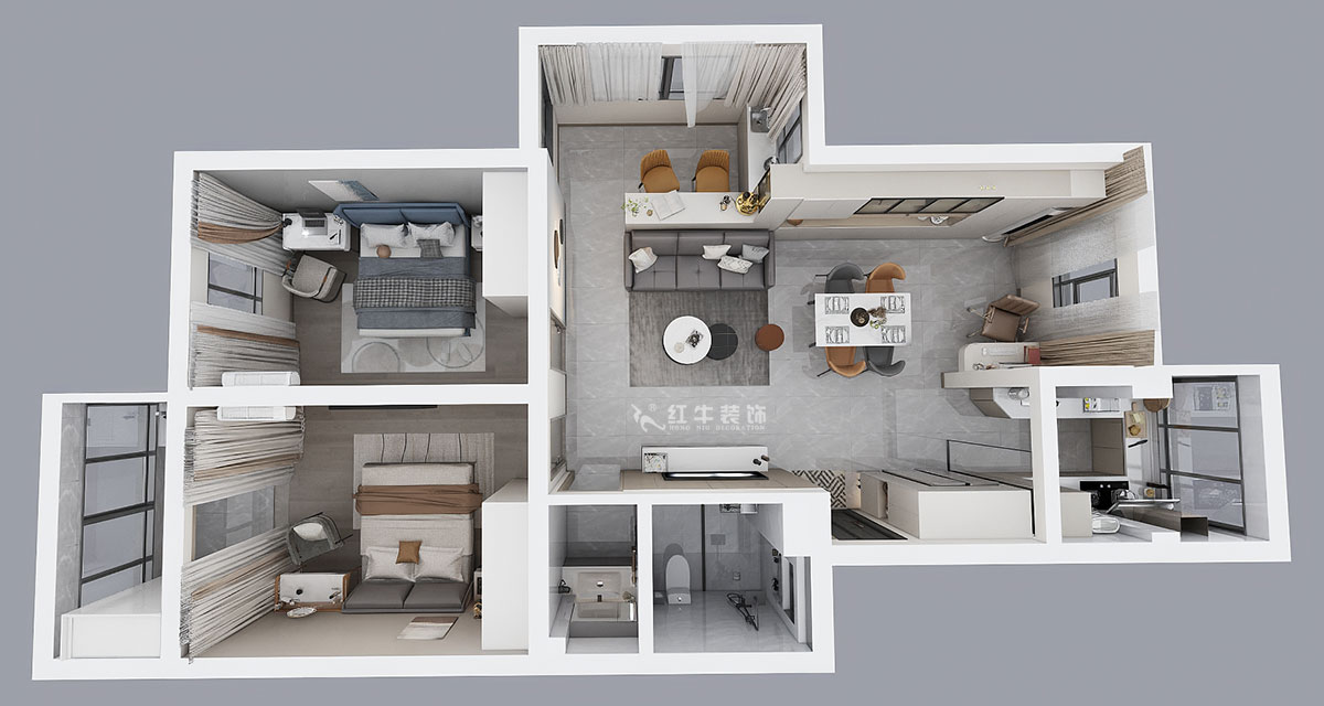 孟憲濤｜武定新村5-5-310-90㎡-現(xiàn)代簡(jiǎn)約風(fēng)格｜2室2廳1衛(wèi)｜老房裝修｜定制家｜全包14萬｜00_04鳥瞰圖